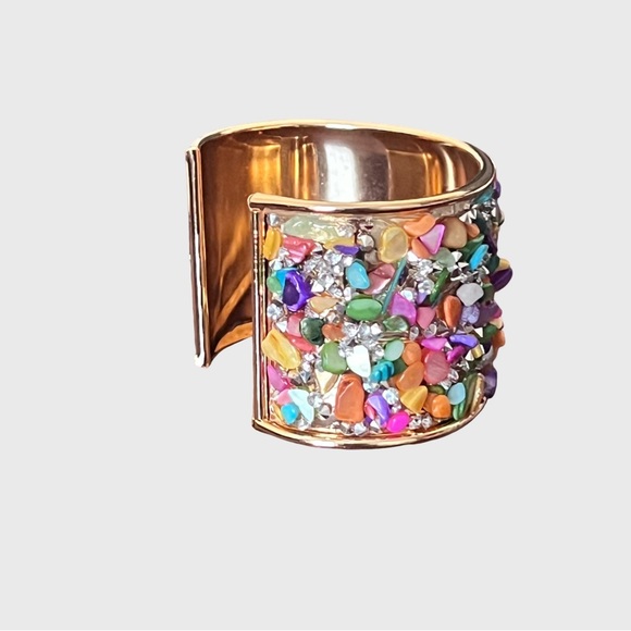 Multicolor Stone Embellished Gold Cuff Bracelet - Picture 7 of 10